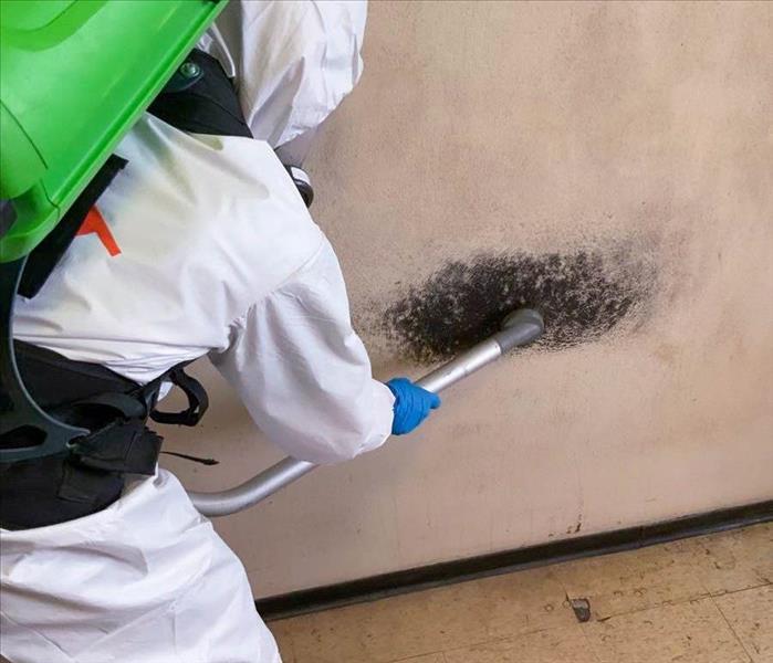 SERVPRO employee cleaning wall after fire
